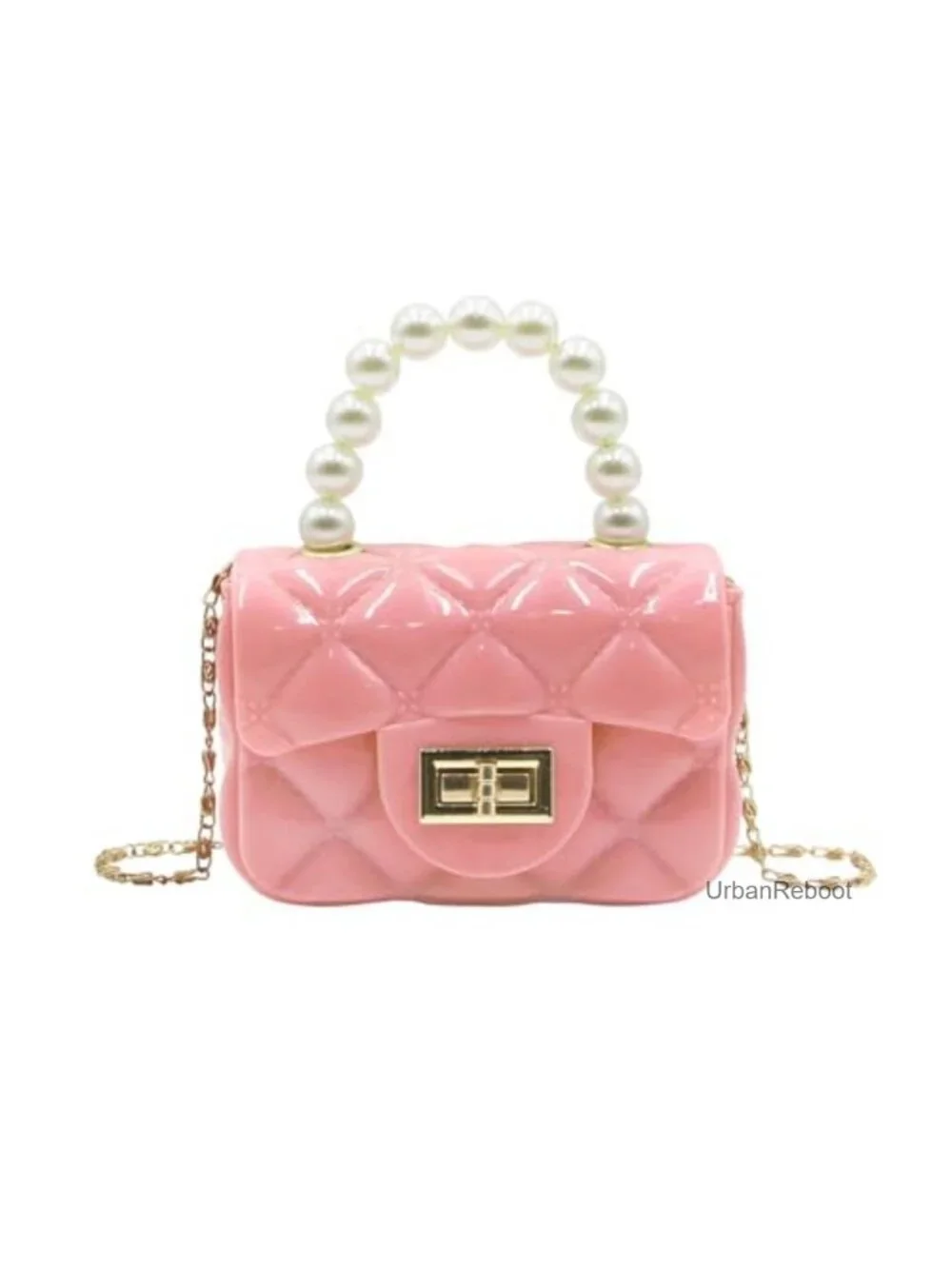Girls Mini PVC Satchel Crossbody Purse with Pearl Handle & Chain Strap